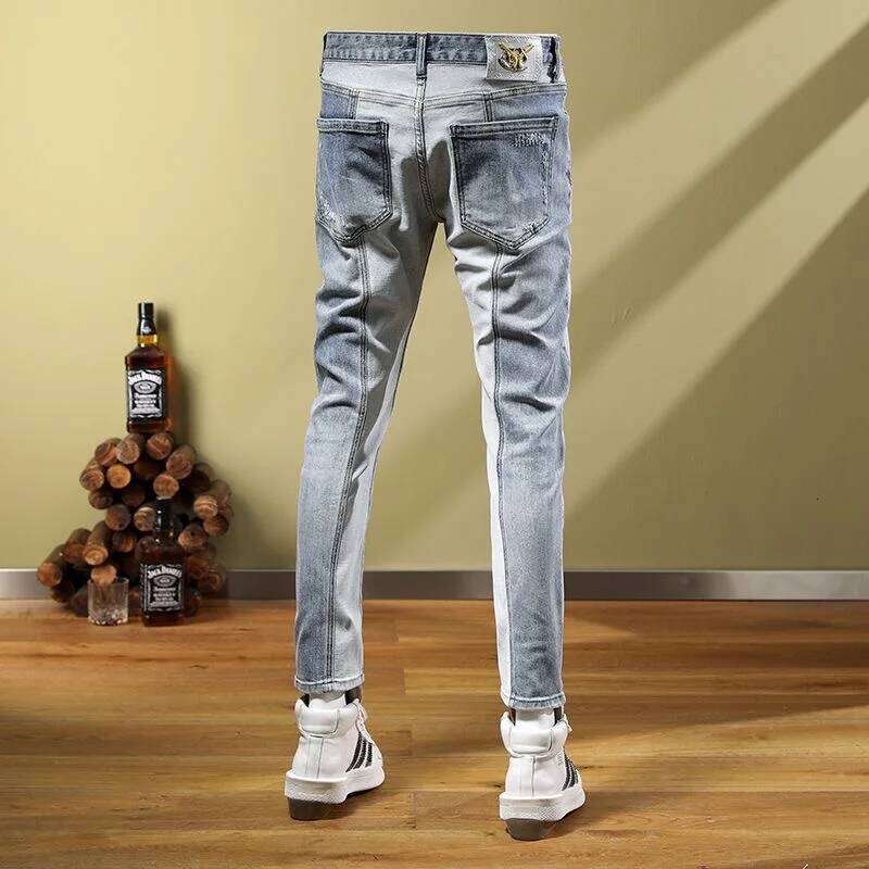 2024 Spring and Autumn Fashion Ripped Straight Stretch Jeans Men's Casual Slim Comfortable High Quality Small Feet Pants 28-36 Z260225