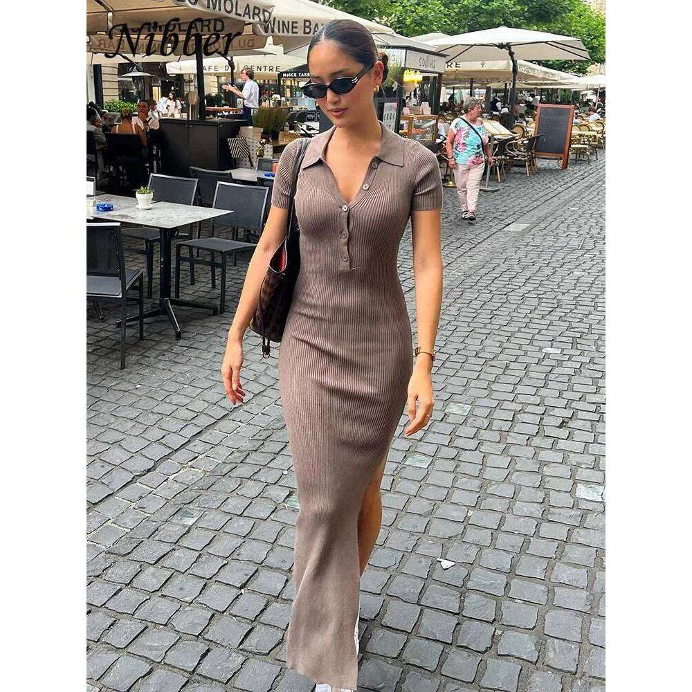 Nibber Solid Color Maxi Dress Summer Clothes For Women Elegent Middle collar Single-breasted Dresses Streetwear Party Travel Z260311