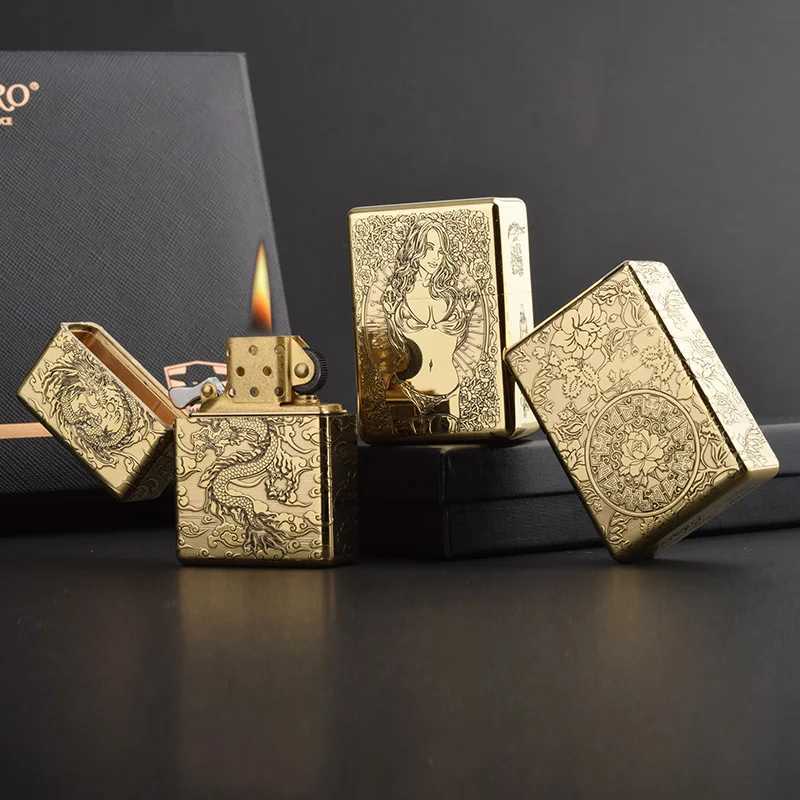912 912S Retro High End Heavy Armor Brass Titanium Windproof Kerosene Lighter 3/5 Hinge Metal Gasoline Lighter Mens Gift N260311