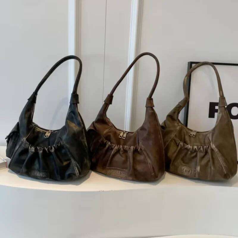 Distressed Vintage Shoulder Bags Women Pleated Y2K Design Large Capacity Retro Hobo Bag 2025 New Designer Handbags Luxury XJ260311