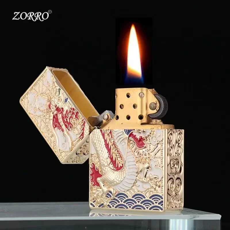 Old-fashioned Armor Kerosene Lighter Windproof Five-sided Embossed Veyron Creative Pure Copper Lighter Mens Gift N260311