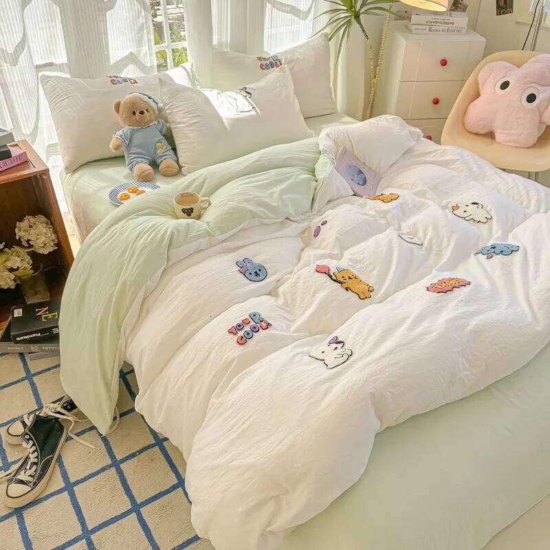 New washed cotton towel embroidery four-piece animal paradise sheet bed hat home student dormitory three-piece set H260311