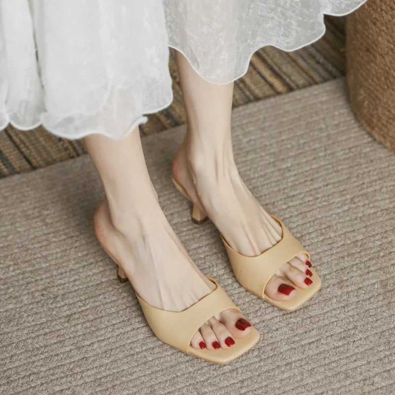 Size 34-42 Women Heeled Mules Sandals Soft Leather High Heels Summer Shoes For Women Slippers Vintage Open Toe Slides K260311