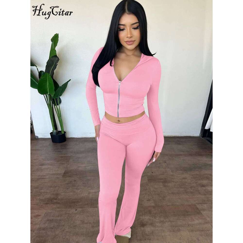 Hugcitar 2024 Casual 2 Pcs Sets Solid Hoodies Long Sleeve Zipper Crop Top Flare Pants Women Fashion Outfits Vacation Sport Gym 26H0311