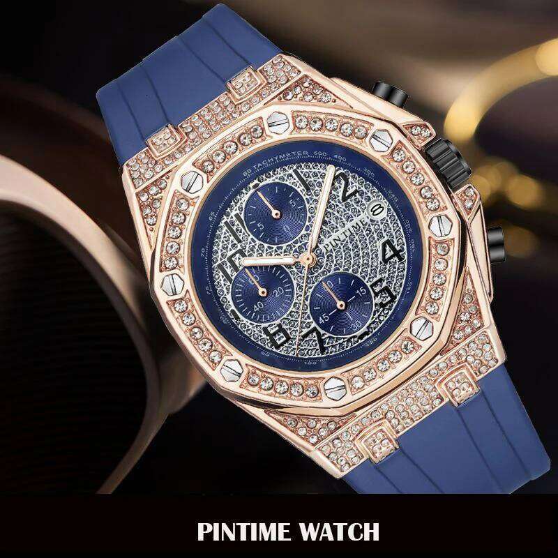PINTIME Men's Watches Diamond Quartz Wristwatches Waterproof Luminous Chronograph Wristwatch Time Clock Sport Watch for Men