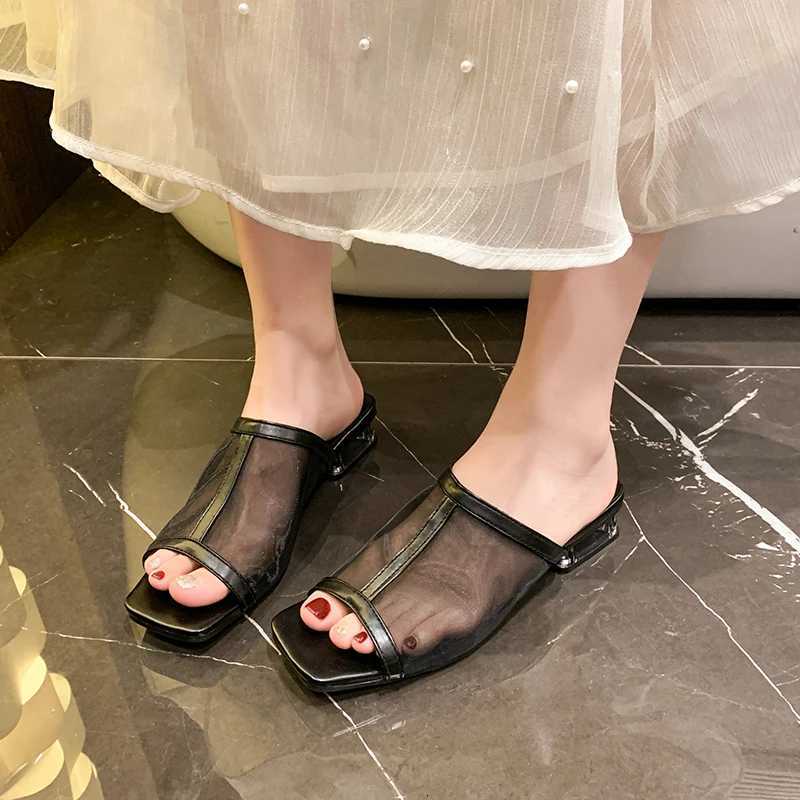 High Heels Women Slippers Square Toe Sandals Summer 2025 New Mesh Slingback Shoes Dress Party Pumps Woman Slides Zapatillas K260311