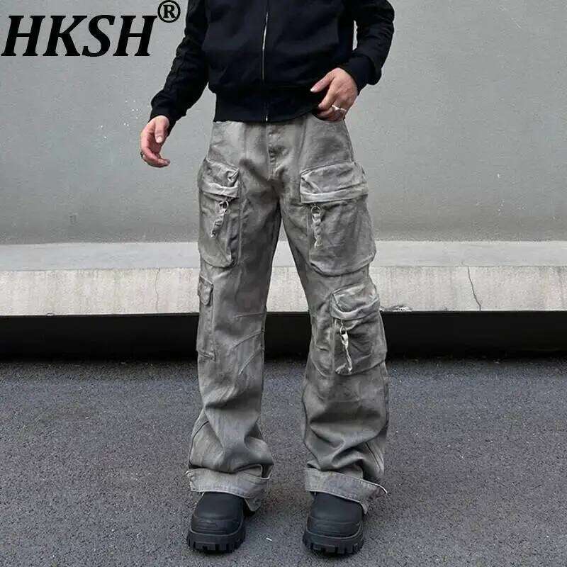 HKSH Men American Style Waste Land Vintage Distressed Dyed Jeans Niche Loose Straight Multi-Pockets Wide-Leg Denim Pants HK14539 Z260225