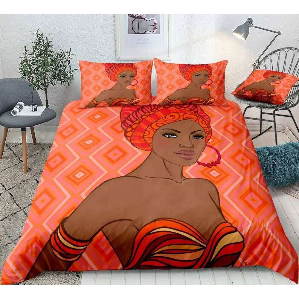 African Woman King Queen Duvet Retro Exotic Tribal Black Girl Pattern Bedding Set Africa Polyester Quilt Cover Pillowcase H260311