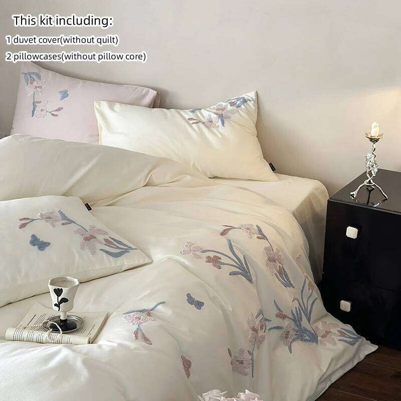 3pcs Elegant Embroidered Orchid Duvet 1*Duvet Cover + 2*Pillowcase, Without Core, Lace embroidery Bedding Set H260311