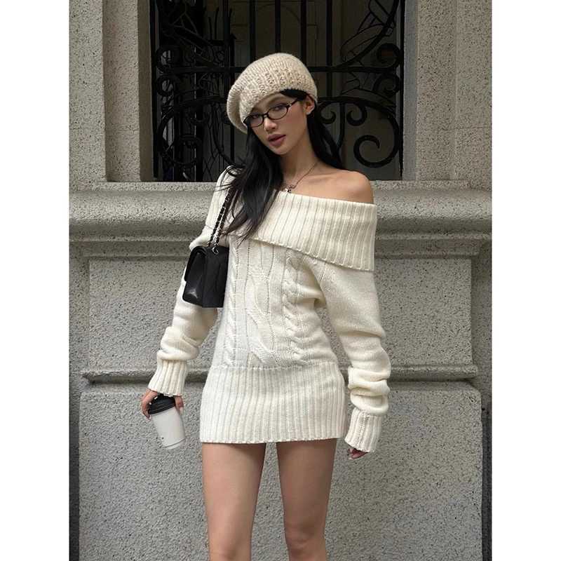 YIABSHU Slash Neck Off-Shoulder Knitted Sweater Dress Women Spring Autumn American Retro 2000s Sexy Slim Fit White Short Skirt M260311