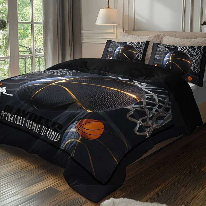3pcs Vibrant Sports Basketball Set - Soft, Breathable, HD Printed Bedding with 1 Duvet Cover and 2 Pillowcases H260311