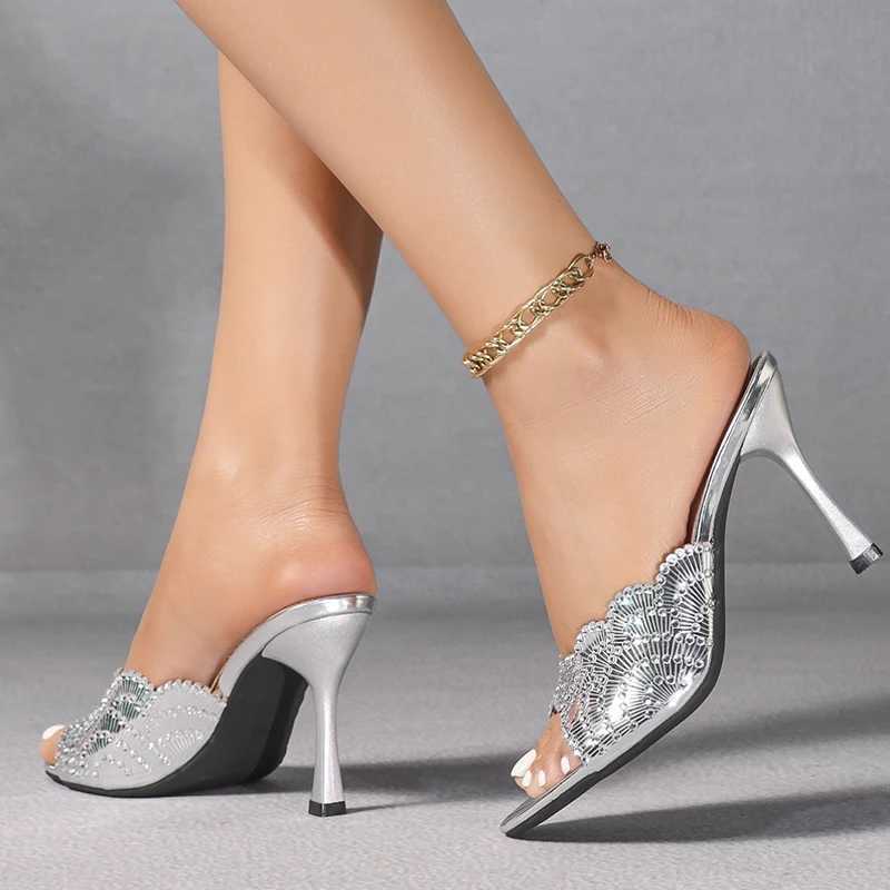 Liyke Summer Silver Sexy Rhinestone Heels Ladies Round Open Toe Party Banquet Shoe Women Mules Slides Size 46 K260311