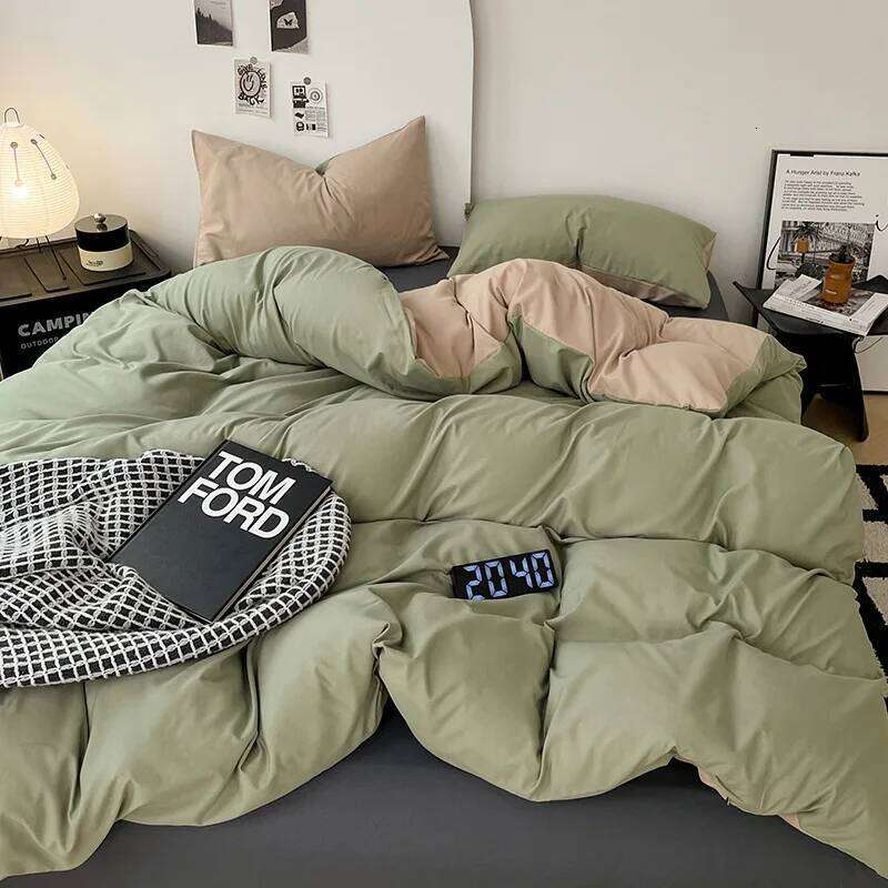 Solid color set of bed linens including a flat fitted sheet, and pillowcases H260311