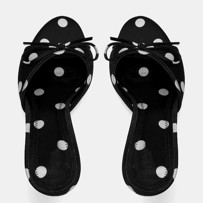 Black Polka Dot Design Summer Women High Heels Sandals Bow Decoration Open Toe Chic Party Stiletto Plus Size Ladies Mules Shoes K260311