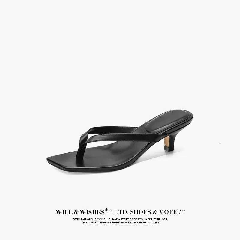 Square toe clip sandals for women 2025 summer new high heel flip-flops large size slim heel womens outdoor leather slippers K260311