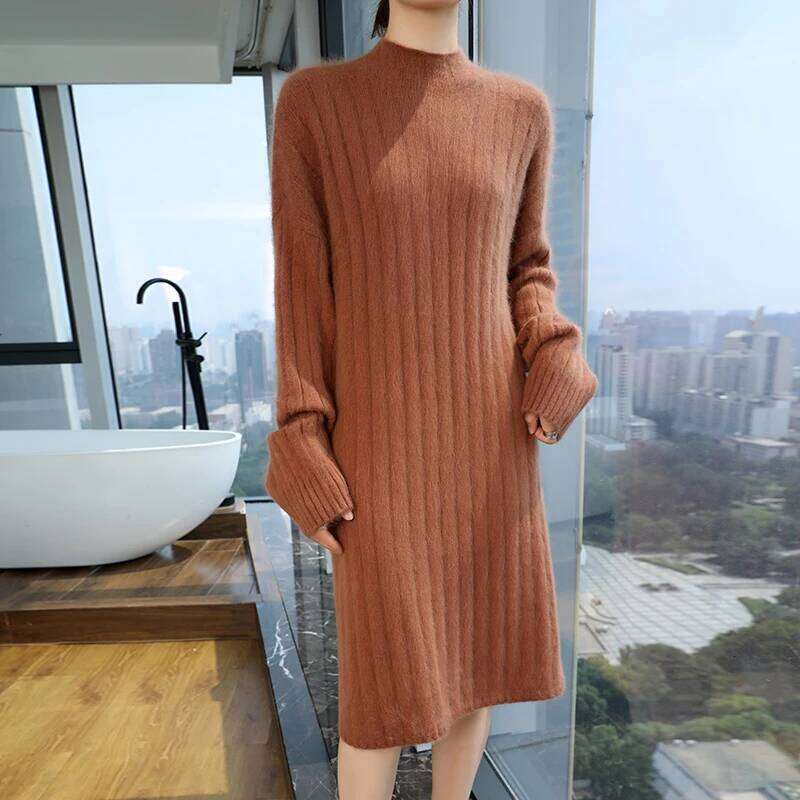 Thicken 100%Pure Mink Cashmere Knitted Dress Women's High-Neck Split Large Size Long Skirt Fashion Loose High-Waist Hip Pullover Z260311