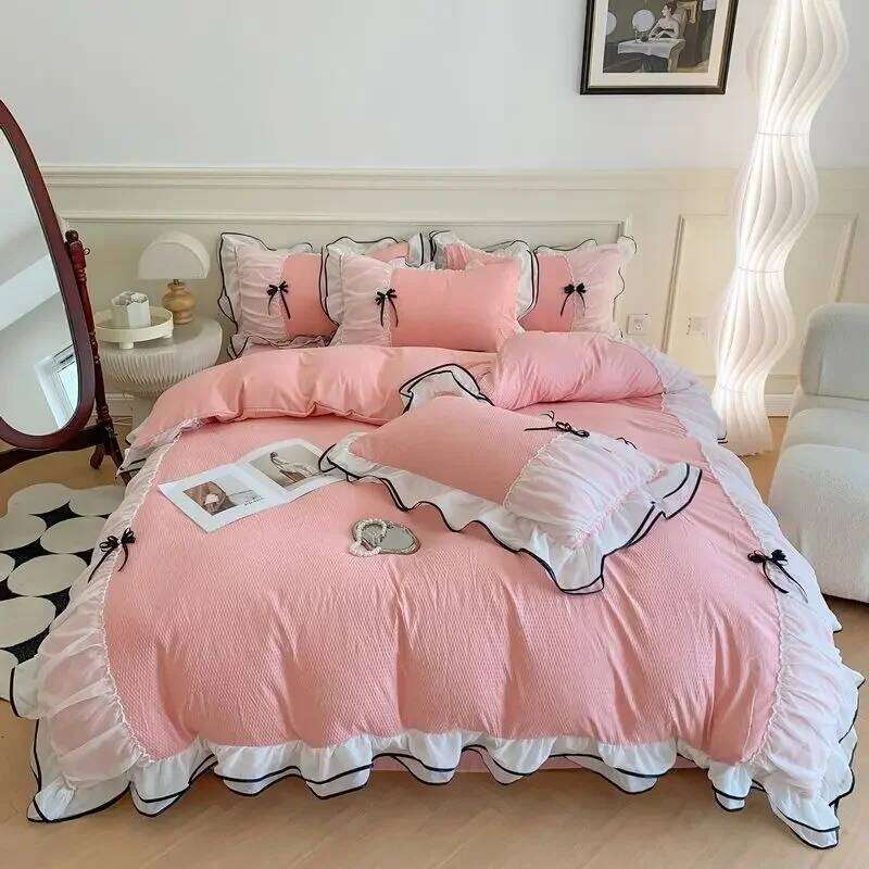 Korean Princess White Bedding For Women Double Ruffle Lace Duvet Cover Full Queen Solid Color Comfortable Falt Bed Sheet Set H260311