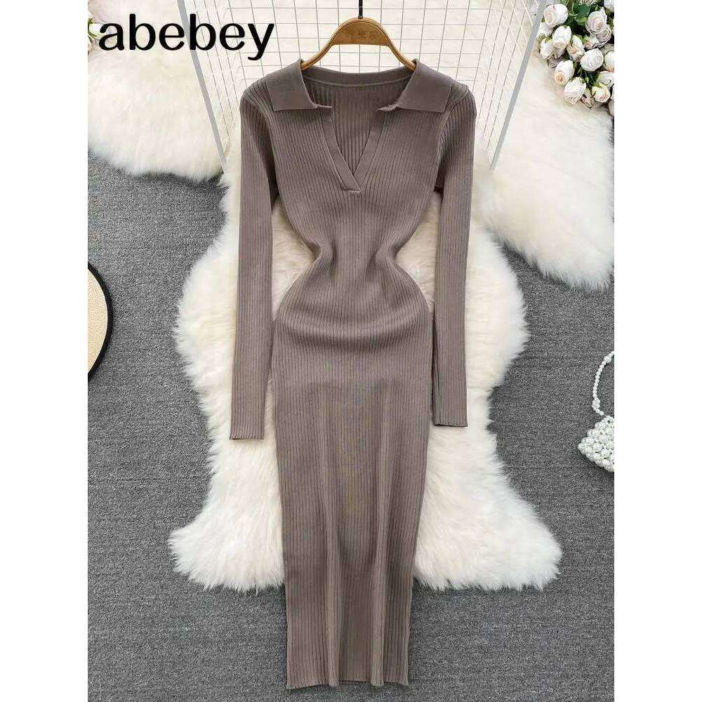 Women Korean Knitted Long Sleeve V Neck Elastic Slim Pencil Dresses 2026 Autumn Sexy Bodycon Sweater Dress Z260311