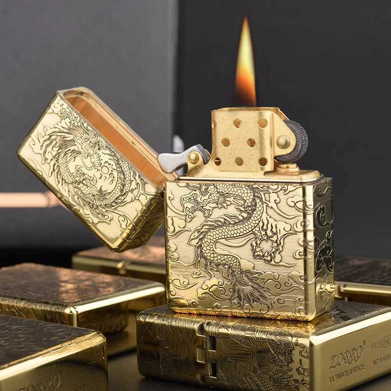 912 912S Retro High End Heavy Armor Brass Titanium Windproof Kerosene Lighter 3/5 Hinge Metal Gasoline Lighter Mens Gift N260311