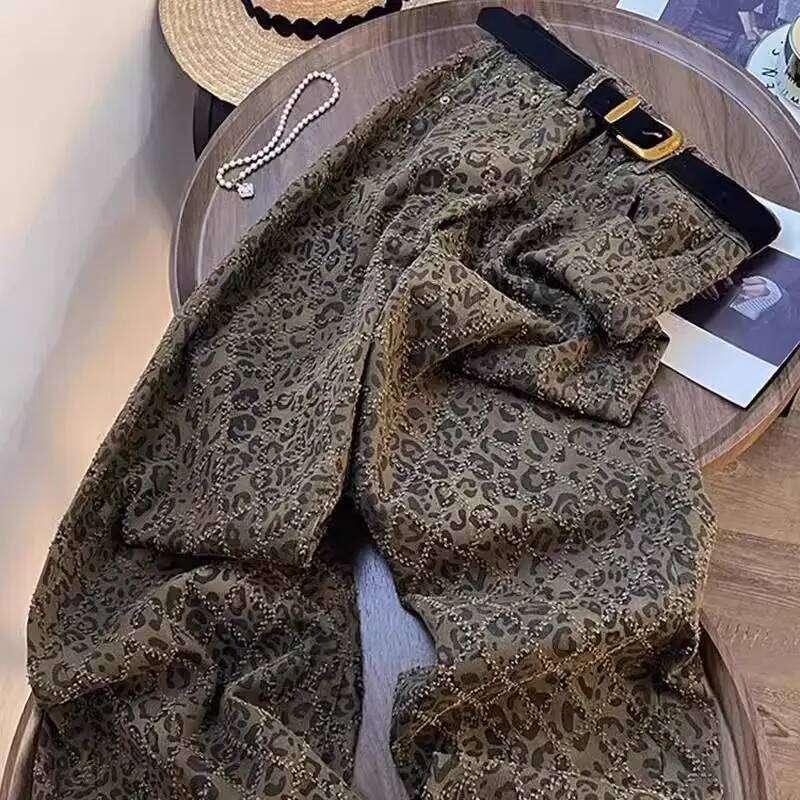 Fashionable Leopard Plaid Jeans Women S Autumn And Winter Plus Velvet New Straight Loose Wide Leg Pants MAKOUFEI