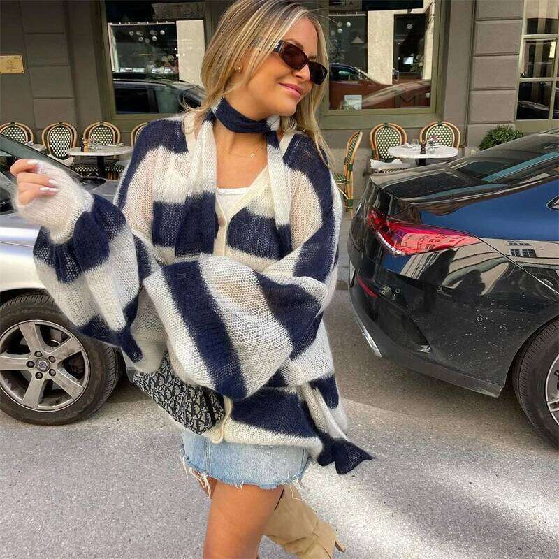 Fashion Striped Sweater Cardigan With Scarf Female Loose Thin Hollow Knitted Lantern Sleeve Contrast Color Retro Top