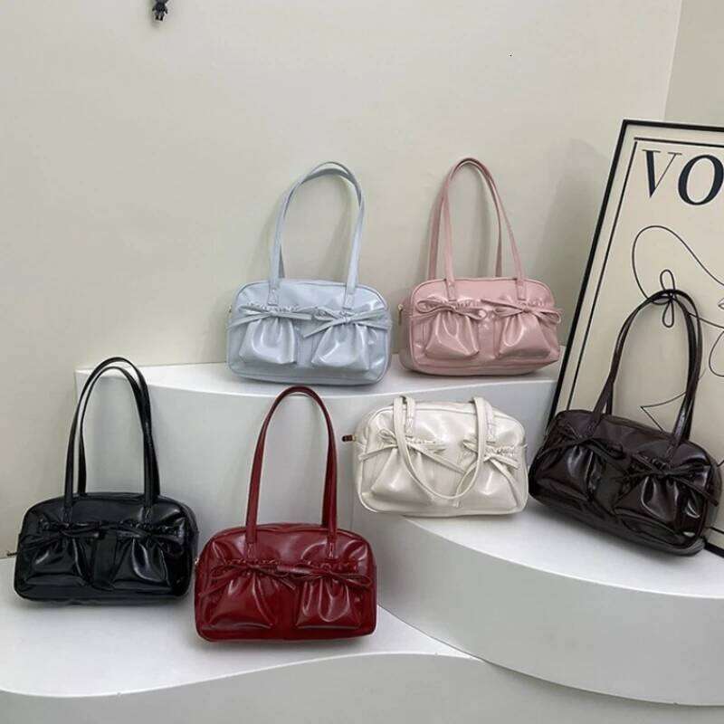 Sweet Bow Pleated Design Women Shoulder Bags Double-pocket Large Capacity Ladies Underarm Bag Solid Color Female Handbags Tote XJ260311