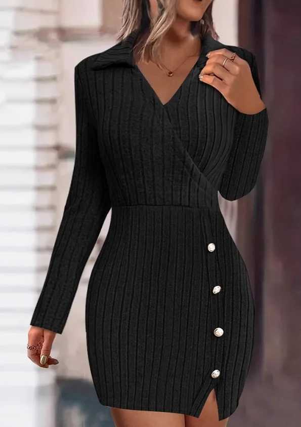 New autumn and winter solid color V-neck fitted bodycon long sleeve dress for women from Europe and America M260311