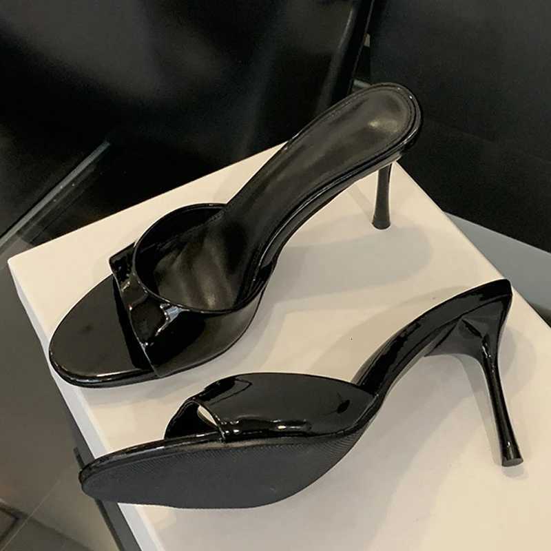Liyke Wine Red Patent Leather Women Sandals Fashion Round Open Toe Thin High Heels Mules Slides Summer Party Dress Shoe K260311
