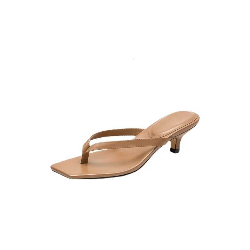 Square toe clip sandals for women 2024 summer new high heel flip-flops large size slim heel womens outdoor leather slippers K260311