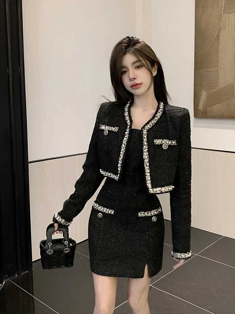Autumn Small Fragrance Women 2 Piece Set Beaded Tweed Short Jacket Coat Bodycon Mini Dress Elegant Fashion Party Dress SuitT260311 - view 7