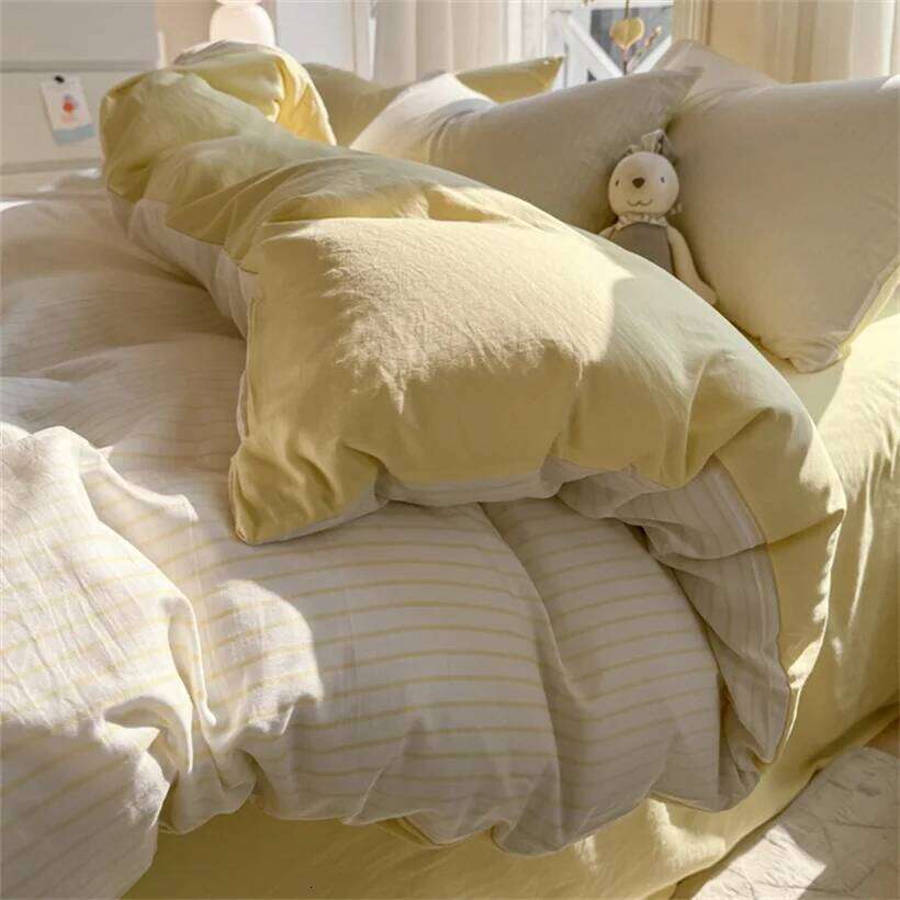 Ins Stripes 100% Washed Cotton Bedding with Pillowcase Bed Sheet Quilt Single Double King Queen Size Duvet Cover Set H260311