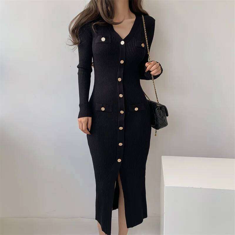 New Autumn Winter French V Neck Sleeve Single Breasted Slim Design Knitted Split Sweater Long Dress Z260311