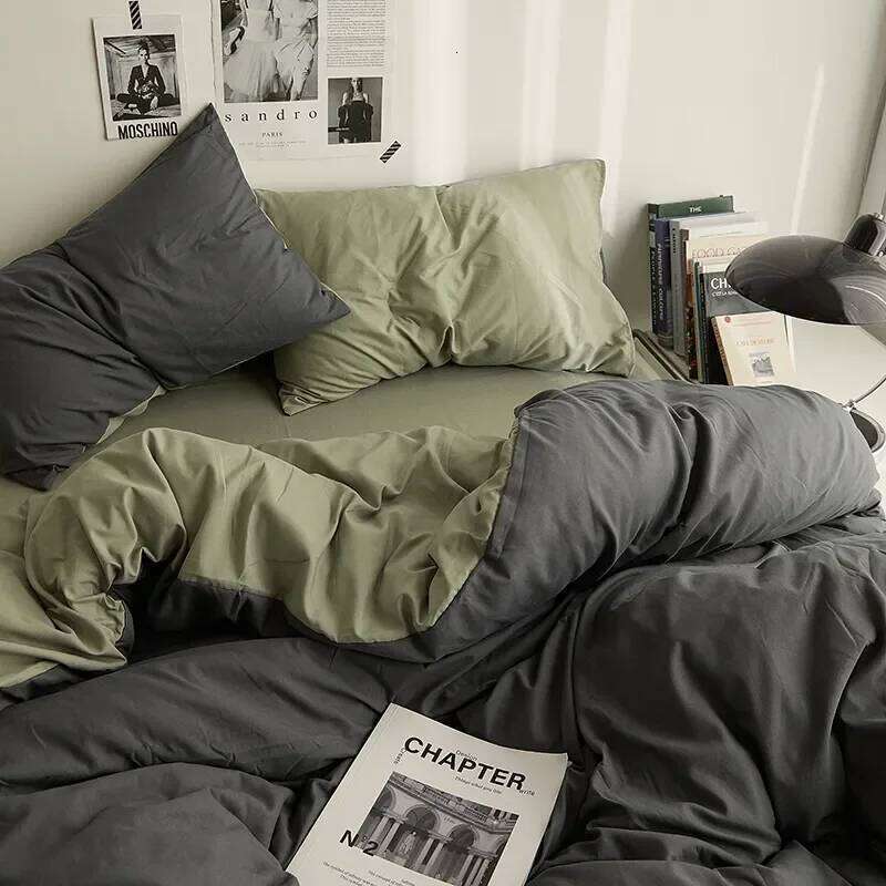 Solid Grey Matcha Color Bedding Adults Kids Twin Full Queen Size Flat Sheet Duvet Cover Set Pillowcases Simple Bed Linen H260311 - view 3