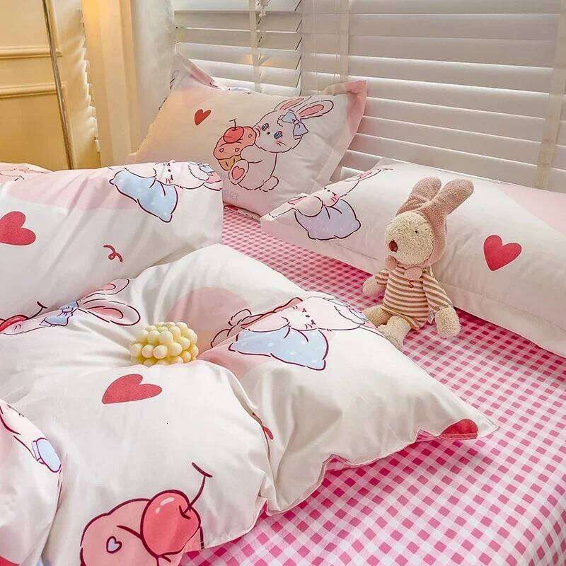 Cartoon Style Bed Sheet For Kids Cute Bunny Printed Set Breathable Durable Queen/King Bedding H260311