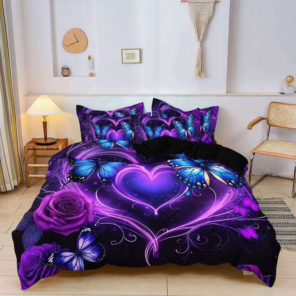 3pcs Valentine'S Purple Dreamy Heart Rose Butterfly Duvet Cover Set,High-Definition Print for.Valentine'S Day Gift H260311