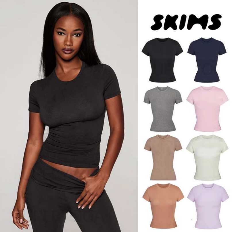 Skims Women Clothes Women Clothes Kim Kardashian Top T-Shirt Short Sleeve Stretch Slim Kylie Same Style Ribbed Cotton Crew Neck Base Shirt