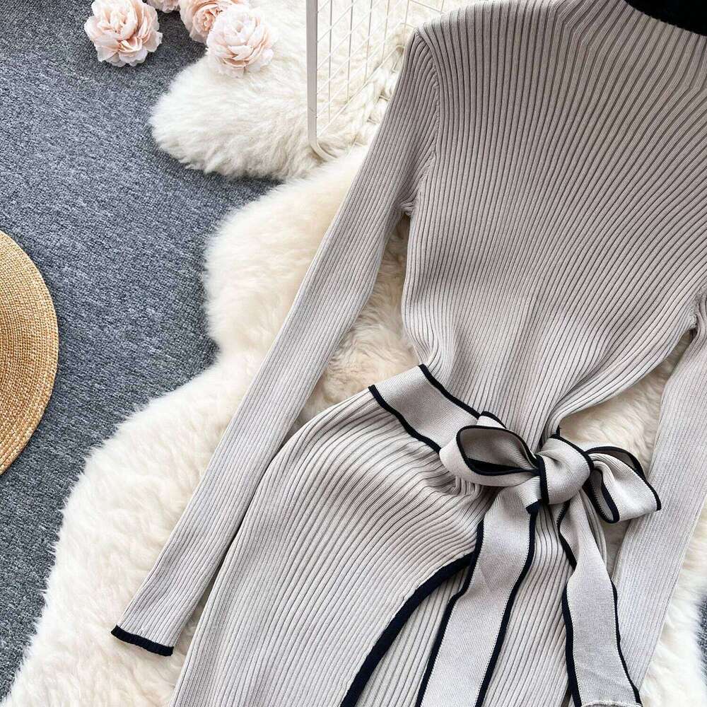Elegant Contrast Ribbed Knitted Bodycon Long Dress Women Autumn Winter With Belt Bandage Streetwear Stretch Lady Dresses Z260311