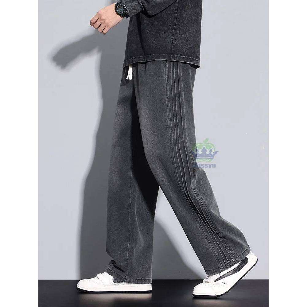 OUSSYU Brand Clothing Fashion Side Wrinkles Jeans Men Baggy Denim Pants Jogger Work Wide Leg Blue Trousers Male Large Size 5XL Z260225