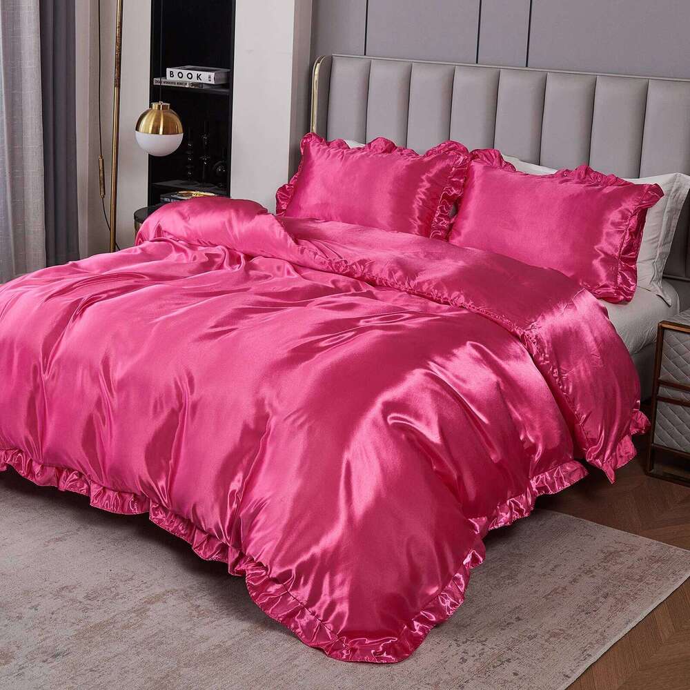 3PCS Satin Duvet Set Silk Rose red And Pink Bedding Comforter Cover Ruffle Pattern Silky Bed set Soft H260311