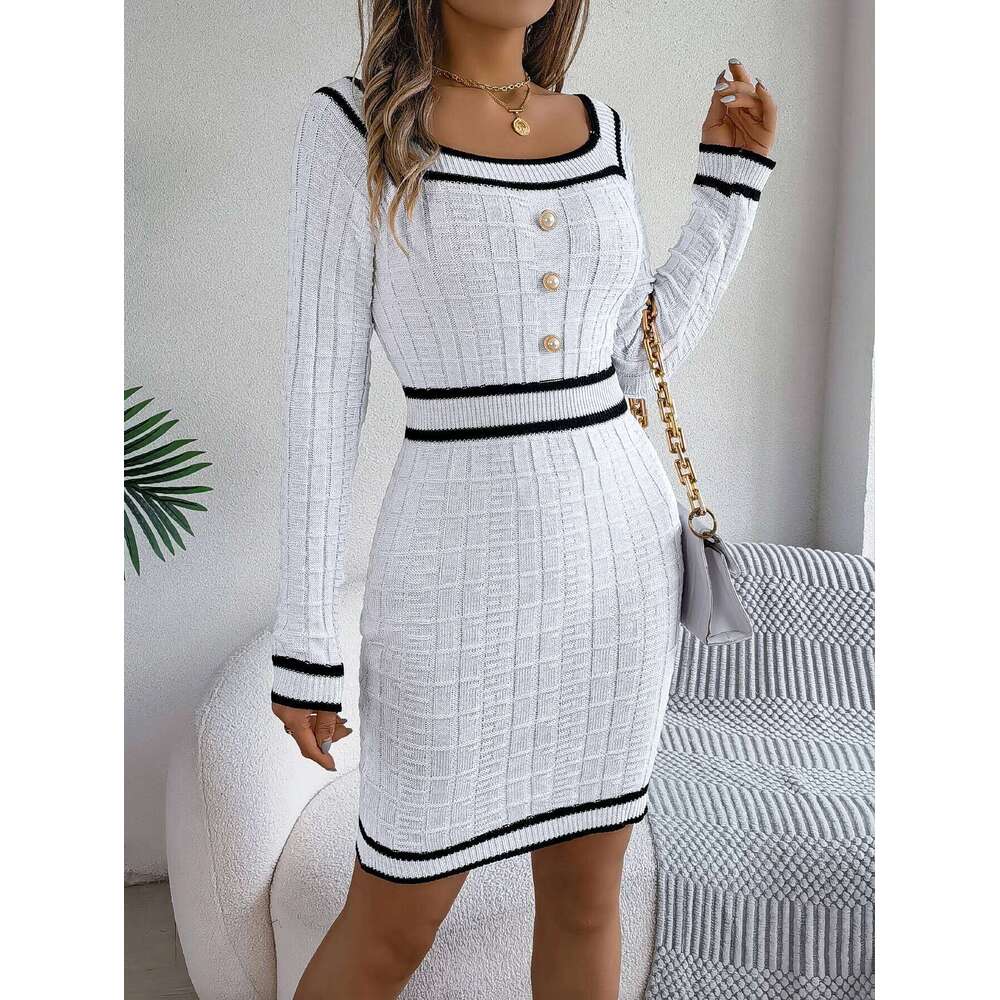 Autumn Winter Casual Elegant Square Collar Button Decoration Knitted Long Sleeve Bodycon Dress for Women Z260311