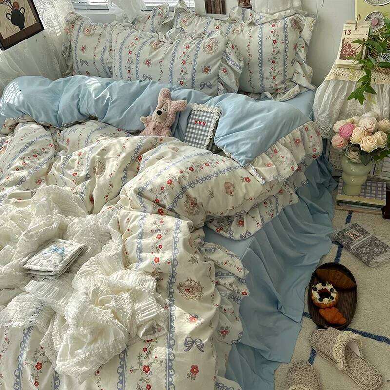 3/4Pcs Korean Princess Style Floral Ruffles Bedding Skin-friendly Soft Duvet Cover Set Sheet Or Bed Skirt Pillowcases H260311