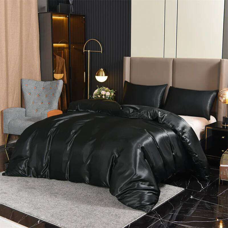 3pcs Satin Duvet Cover Set Bedding Sets Queen Black Series Rich Silk Silky Soft Solid Sexy Honeymoon Wrinkle Free H260311 - view 7