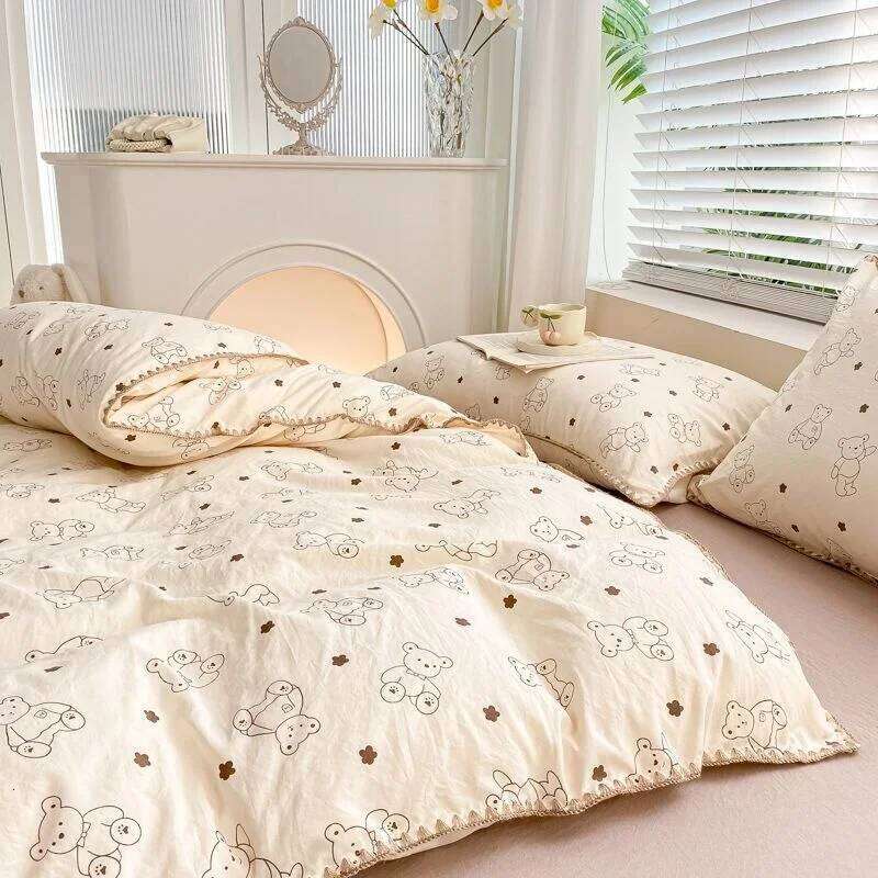 Cute Cartoon Bear Bedding Set Simple Duvet Cover Cotton Linens Bed Sheets Pillowcase Single Double For Kids Decor Home H260311
