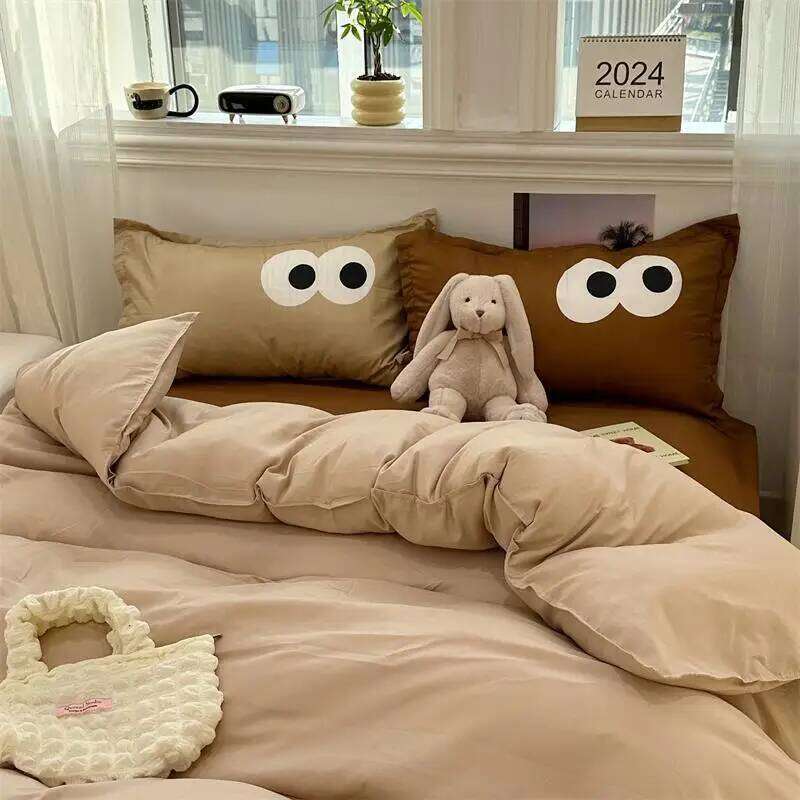 Cute Korean Style Duvet Cover Set No Filler Green Pink Mix Color Flat Sheet Pillowcases Polyester Twin Queen Size Bed Linens H260311