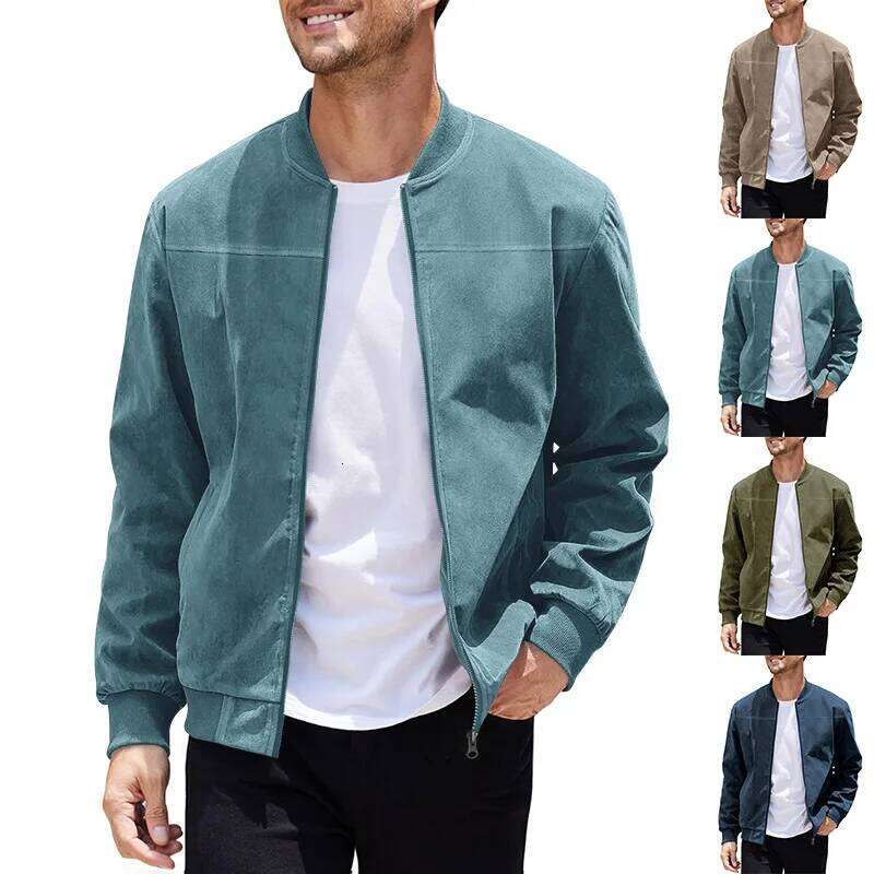 Suede Solid Color Zipper Casual Vintage Long Sleeve Cardigan Jacket Men 26H0311