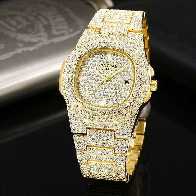 PINTIME Luxury Men's Watches Iced Out Diamond Case Waterproof 30m Stainless Steel Clasp Fashion Quartz Wristwatch Calendar Reloj