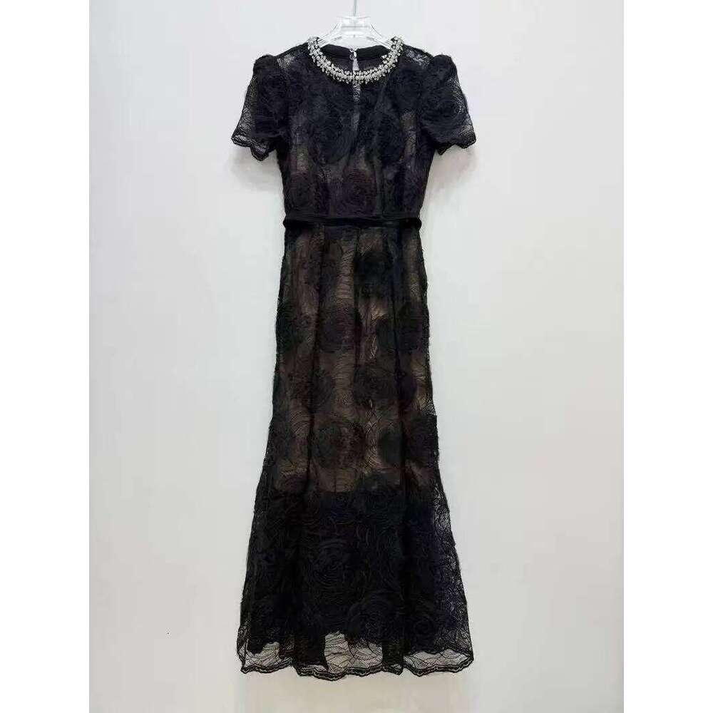 Summer New Fashion Black Rose Flower Lace Dress Women Elegant Round Neck Short Sleeve Fishtail Robe With Belt Ladies Mdng260311
