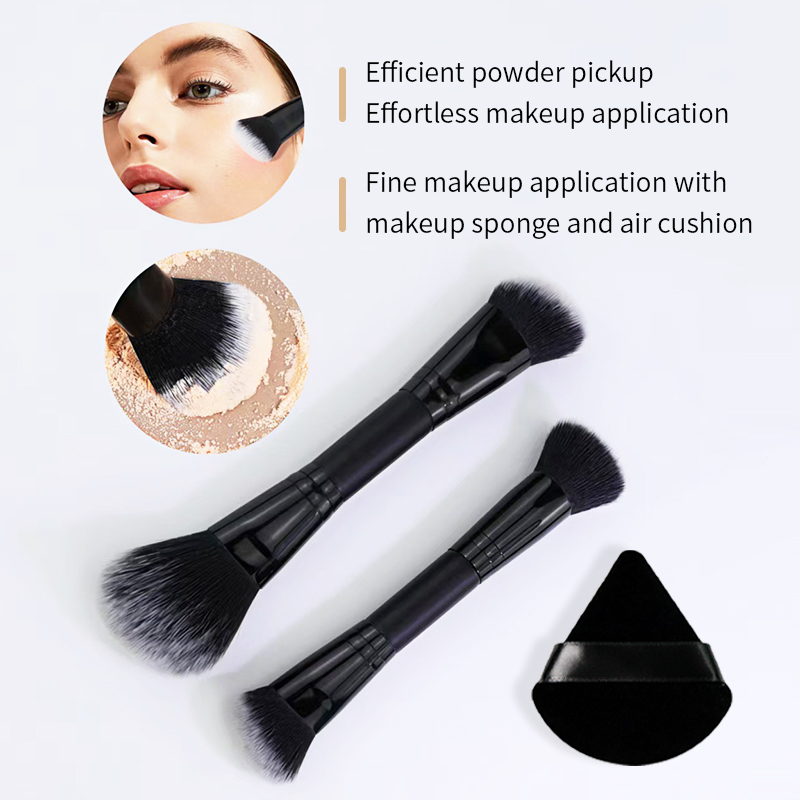 6Pcs Double-ended Multifunctional Makeup Brush & Puff Set, Black & Silver Premium Synthetic Bristles, Solid Wood Handle, Portable Dual-sided Brush, Al