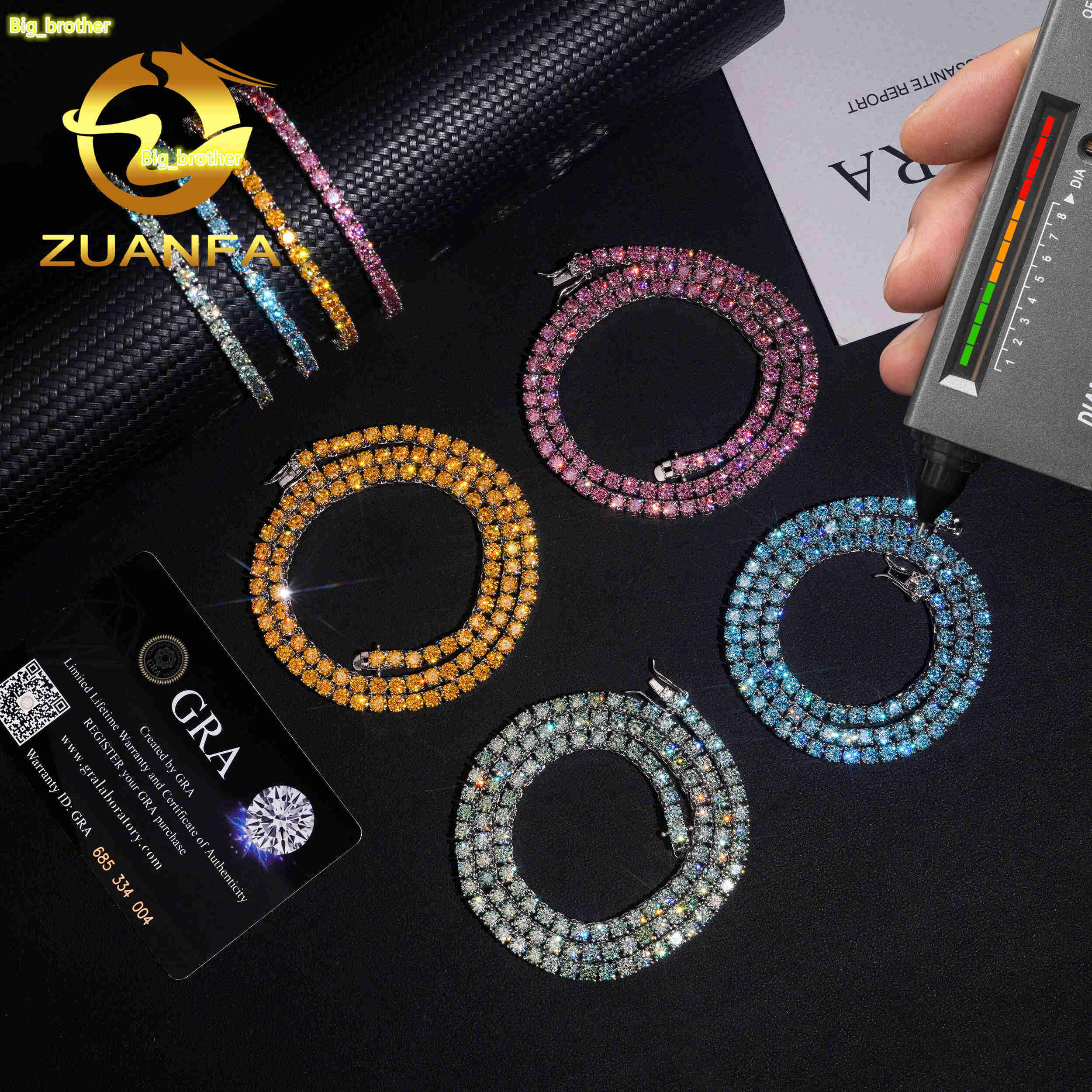 Color Moissanite 3mm 4mm 925 Silver Moissanite Tennis Chain Bracelet Fashion Hip Hop Jewelry Iced Out Tennis Necklace