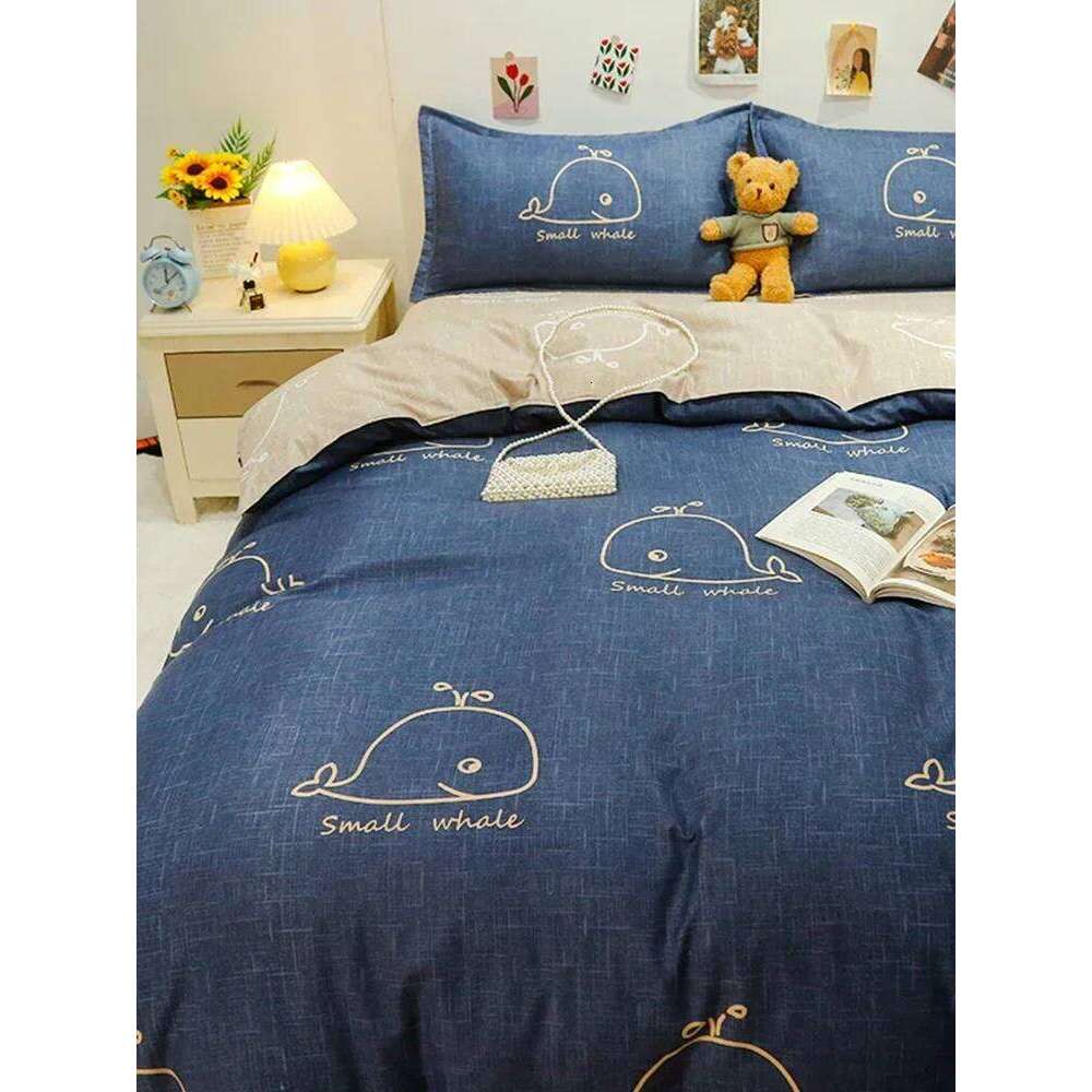 Kawaii Whale Printed Floral Duvet Pillowcase Bedding Set Cute Dog Bed Linen Sheet Quilt Cover Full Queen King Size H260311